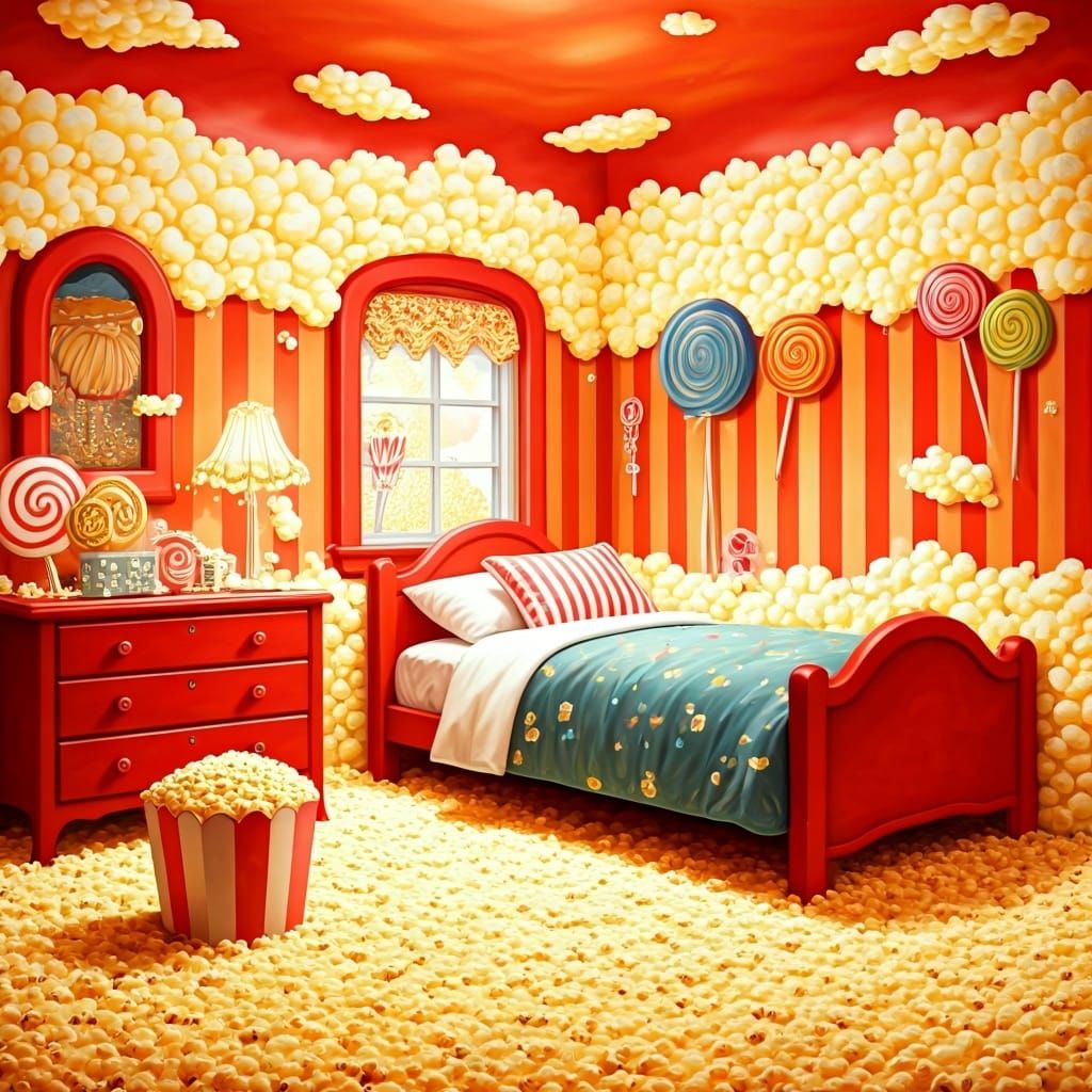 Whimsical Pop Art Bedroom Made of Popcorn and Candy