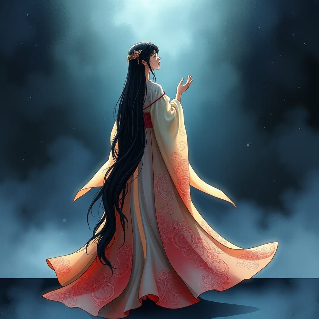 Ethereal Songstress on Misty Stage in Watercolor Style