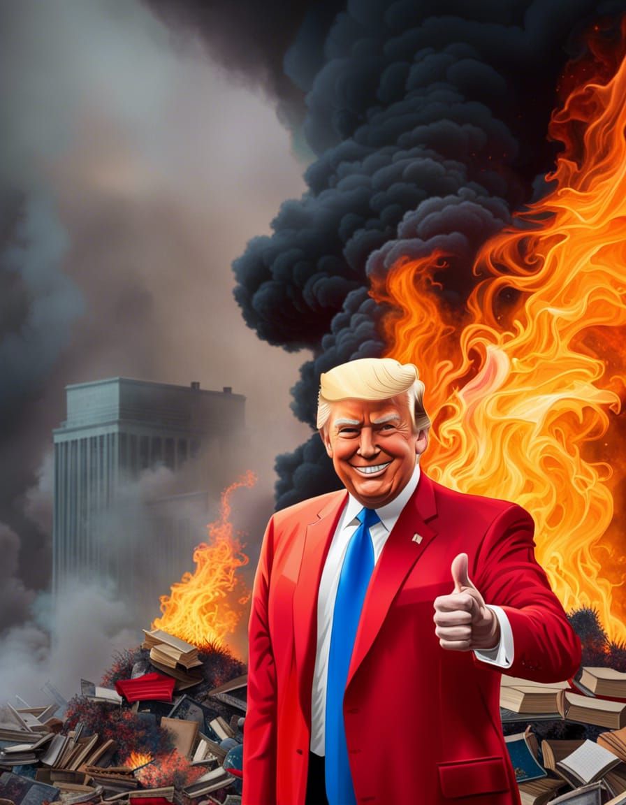 Donald Trump in a red suite, a big smile and a thumbs up.  F...