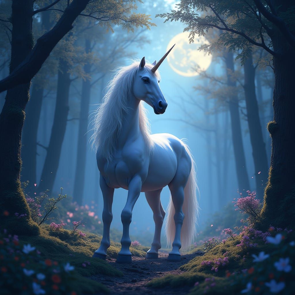Ethereal Unicorn in Moonlit Forest Scene