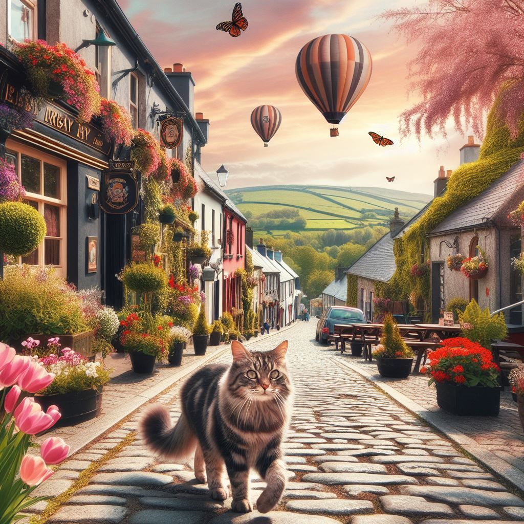 Cat Walking on Irish Cobblestone Street on Lovely Spring Afternoon