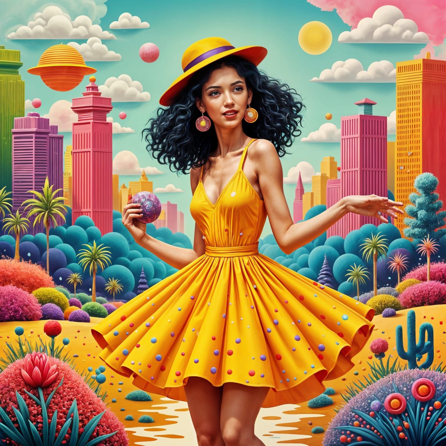 Vibrant Cyberpunk Scene with Geometric Bauhaus Elements