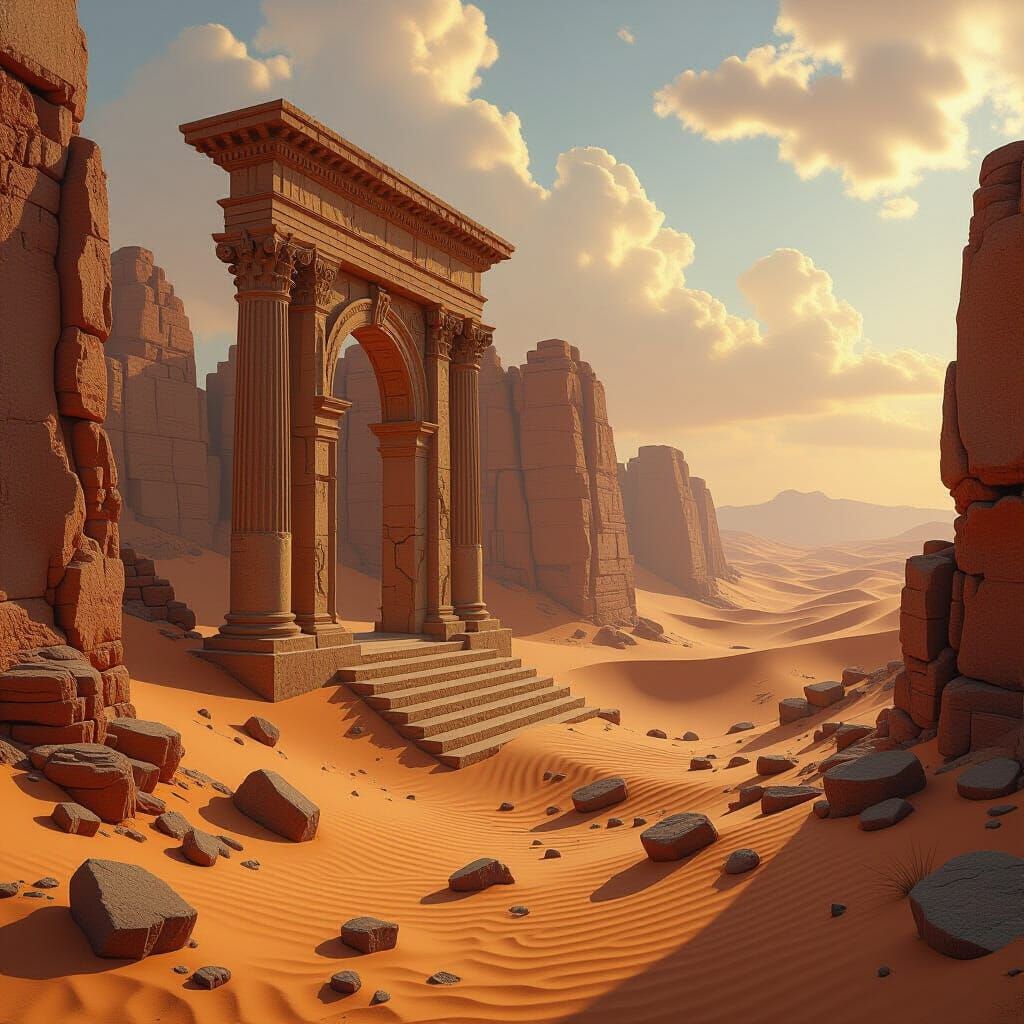 A lost city in the desert dunes. Columns rising from the vast sea of sand. Archways and stones strewn about. Steps to no where!