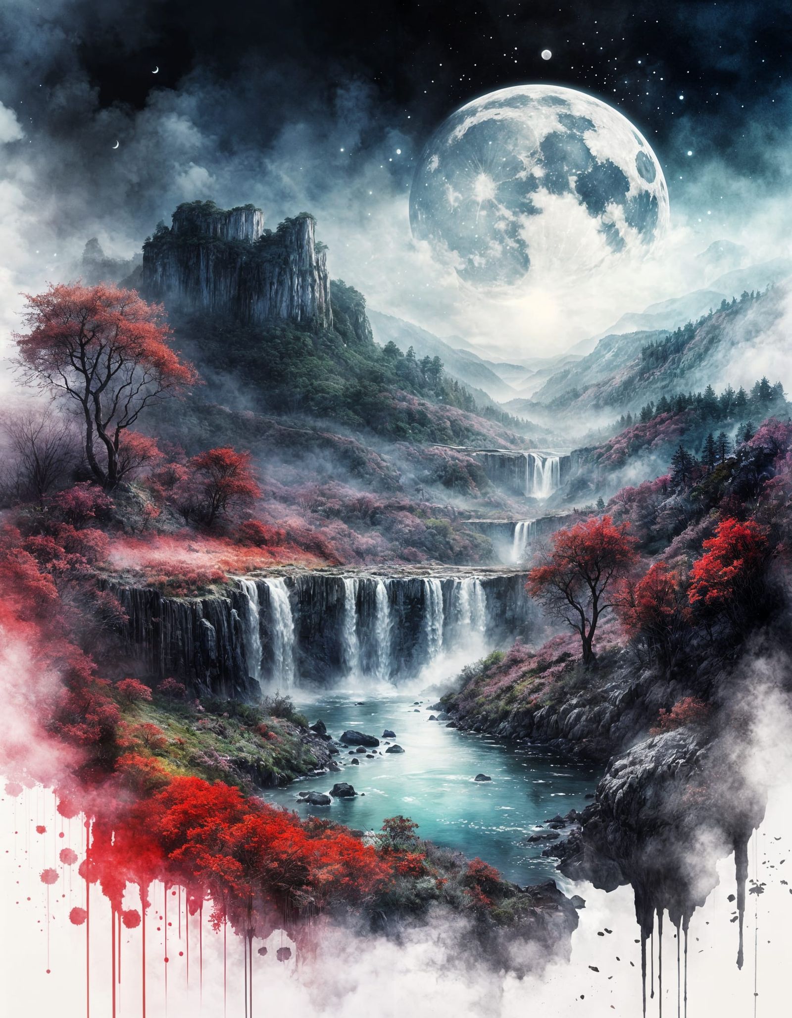 a beautiful moon, a magnificent lush summerscape in the background, with beautiful rivers and valleys, ...  by @Mindful THE KB