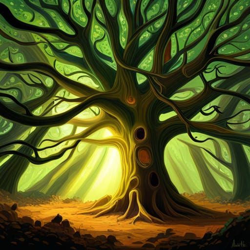 An awe-inspiring digital painting of an ancient tree; set in a dense ...