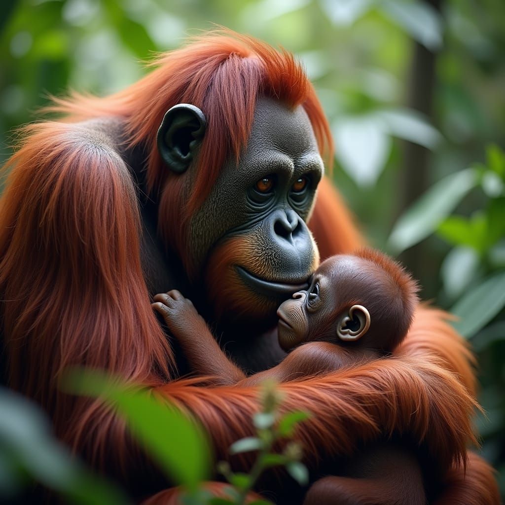 A hyper detailed close up portrait, of a mother orangutan, mother kissing her babys head while cuddling ...  by @Gabbi