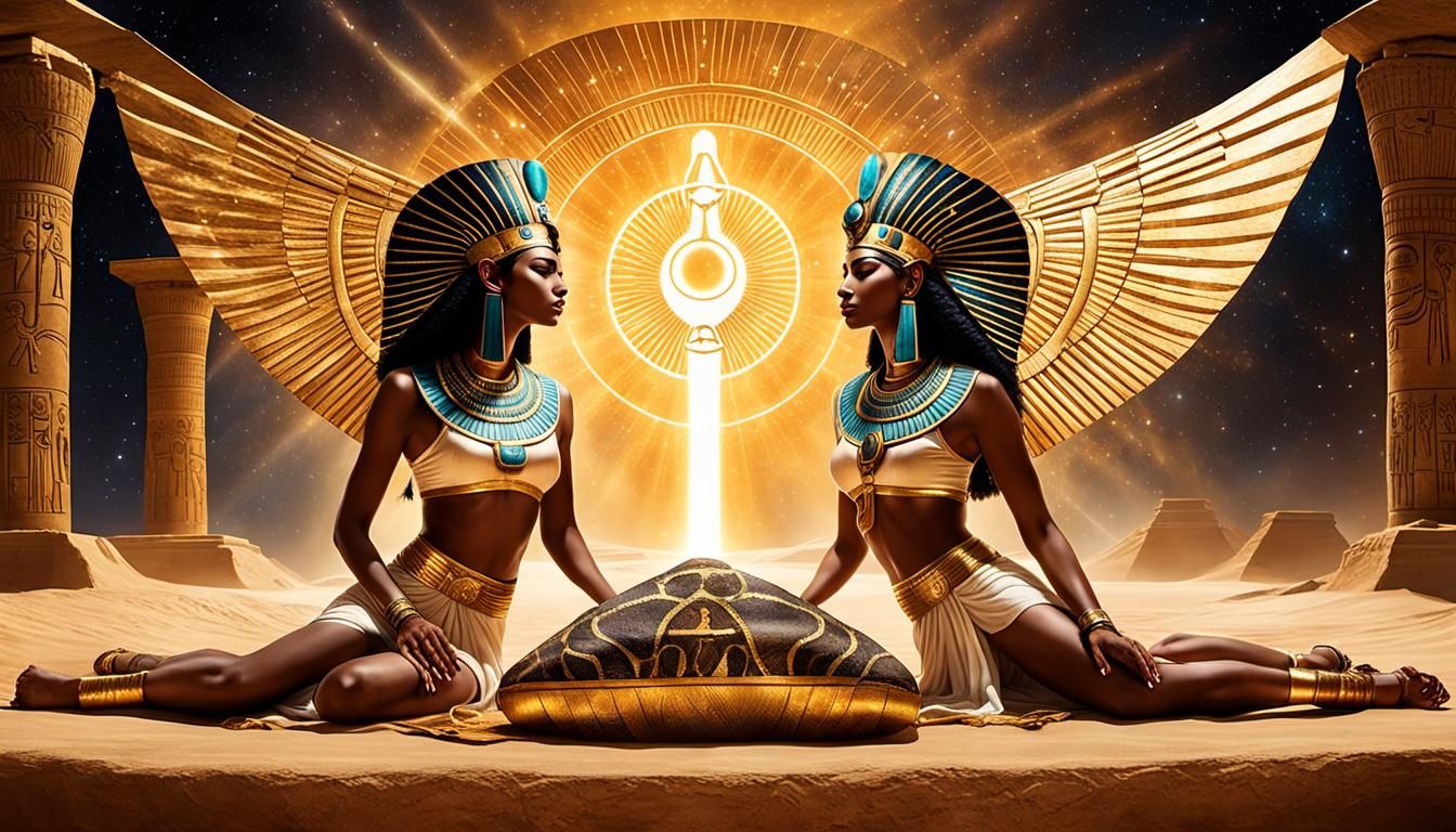 Two figures styled in ancient Egyptian attire. one girl is s...