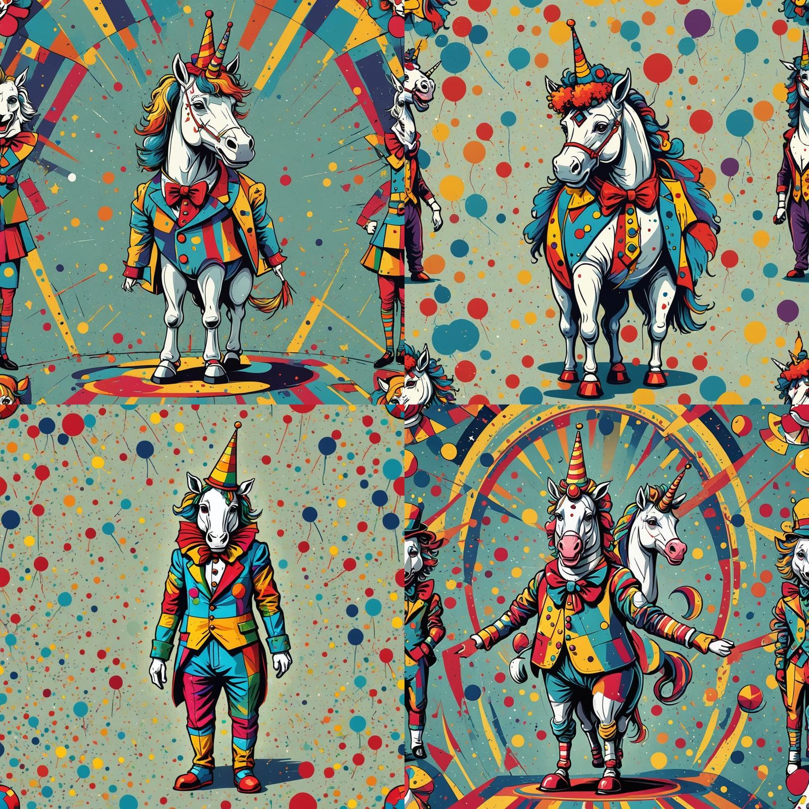 Cartoon unicorn dressed as a clown in a circus, brightly col...