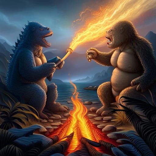 Godzilla & King Kong enjoying a warm campfire together   by @Artart McArt