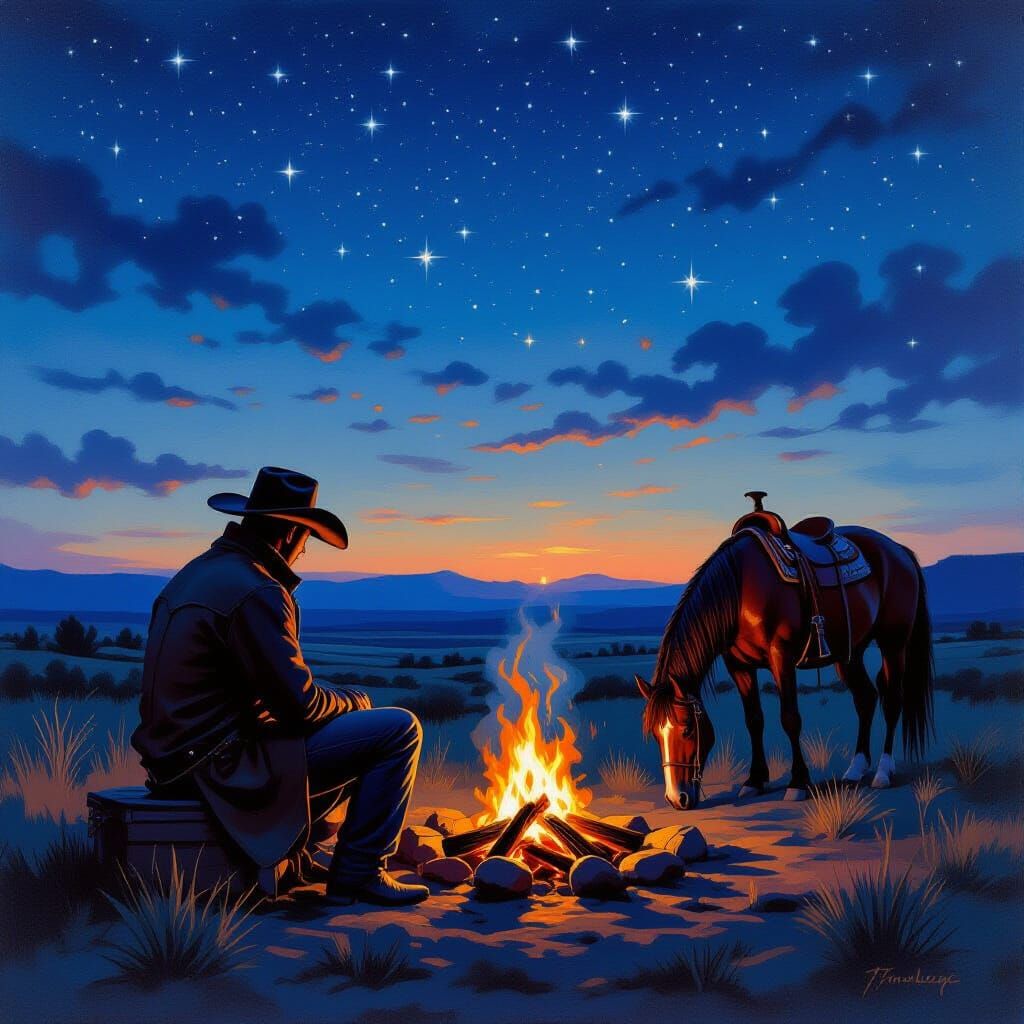 cowboy sits by a campfire 