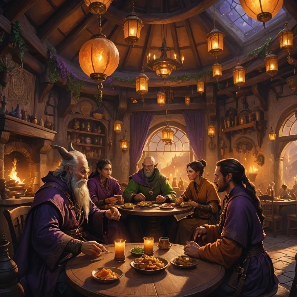 D&D style, dinner at an inn, male wizard and female monk and tiefling at a round table, colorful, happy, bright, purple and green tones