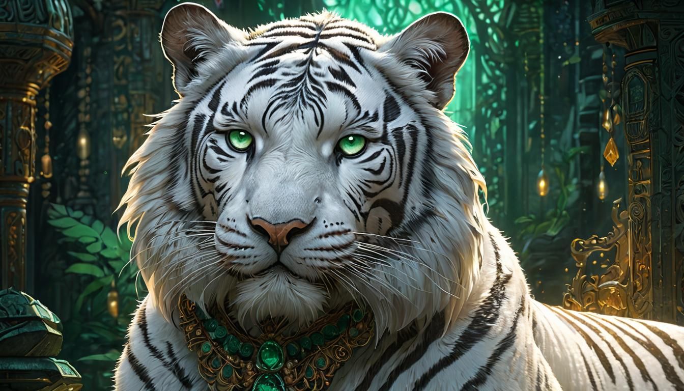 fantasy white tiger princess wearing emerald and amber jewel...