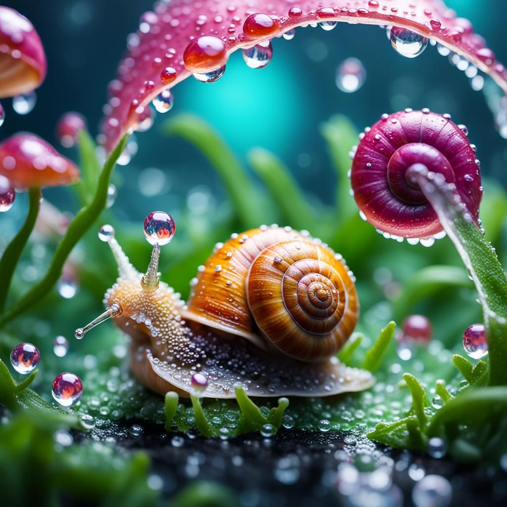 tiny snail with dew drops  by @Twinkletoast