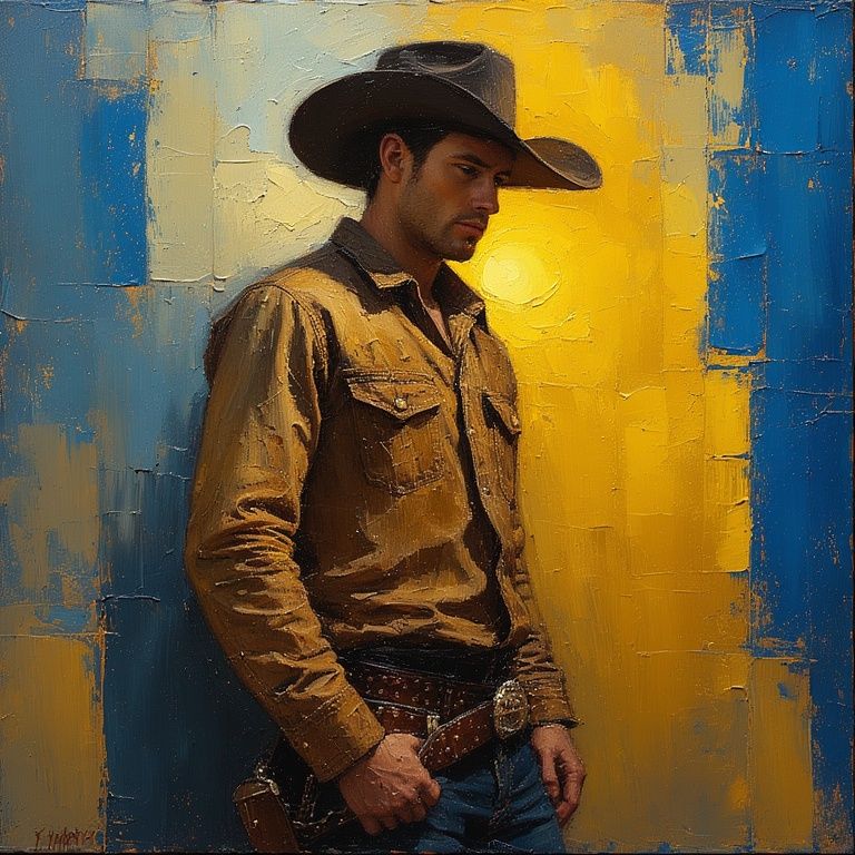 An impasto abstract painting of a rugged cowboy