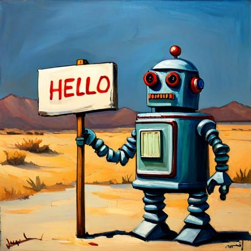 robot holding a hello sign oil painting by James Gurney  by @Patsy 