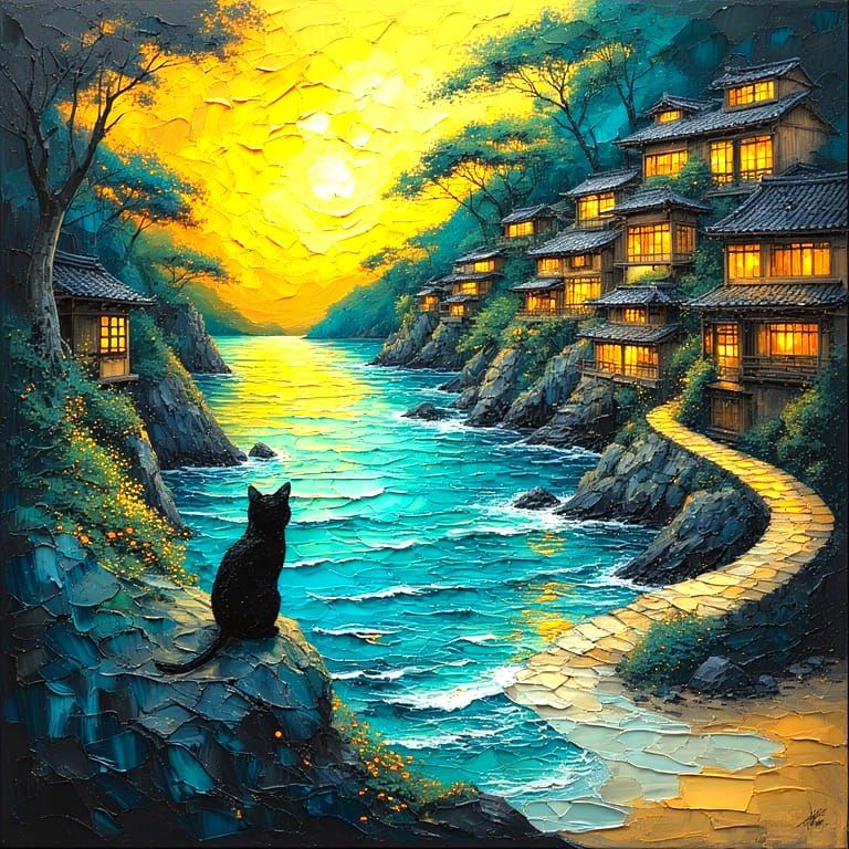 Black cat and the sea