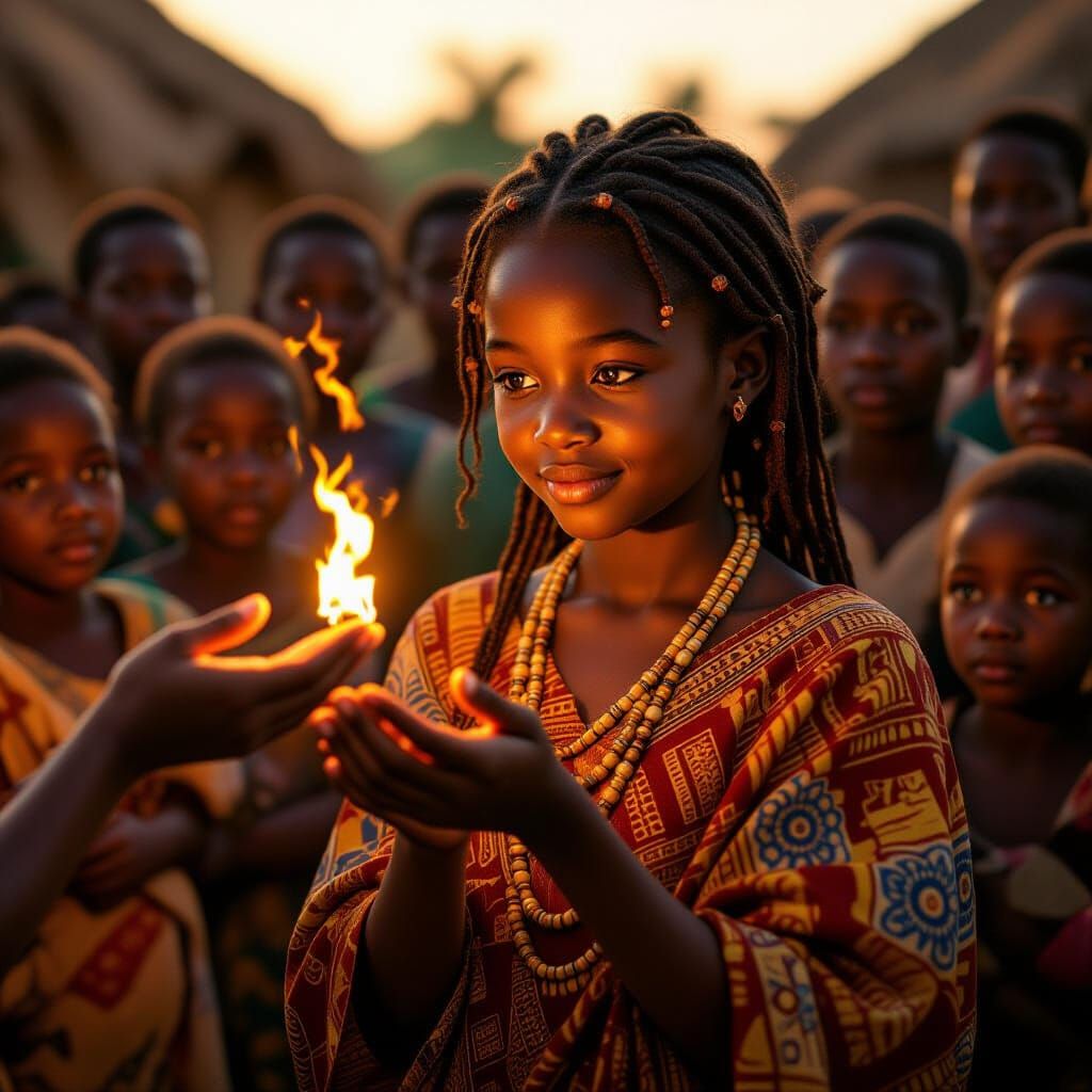 A star-spirit extends its glowing hand, placing a tiny golden flame into an 11-year-old African girl, deep brown skin, slim build, bright cu...