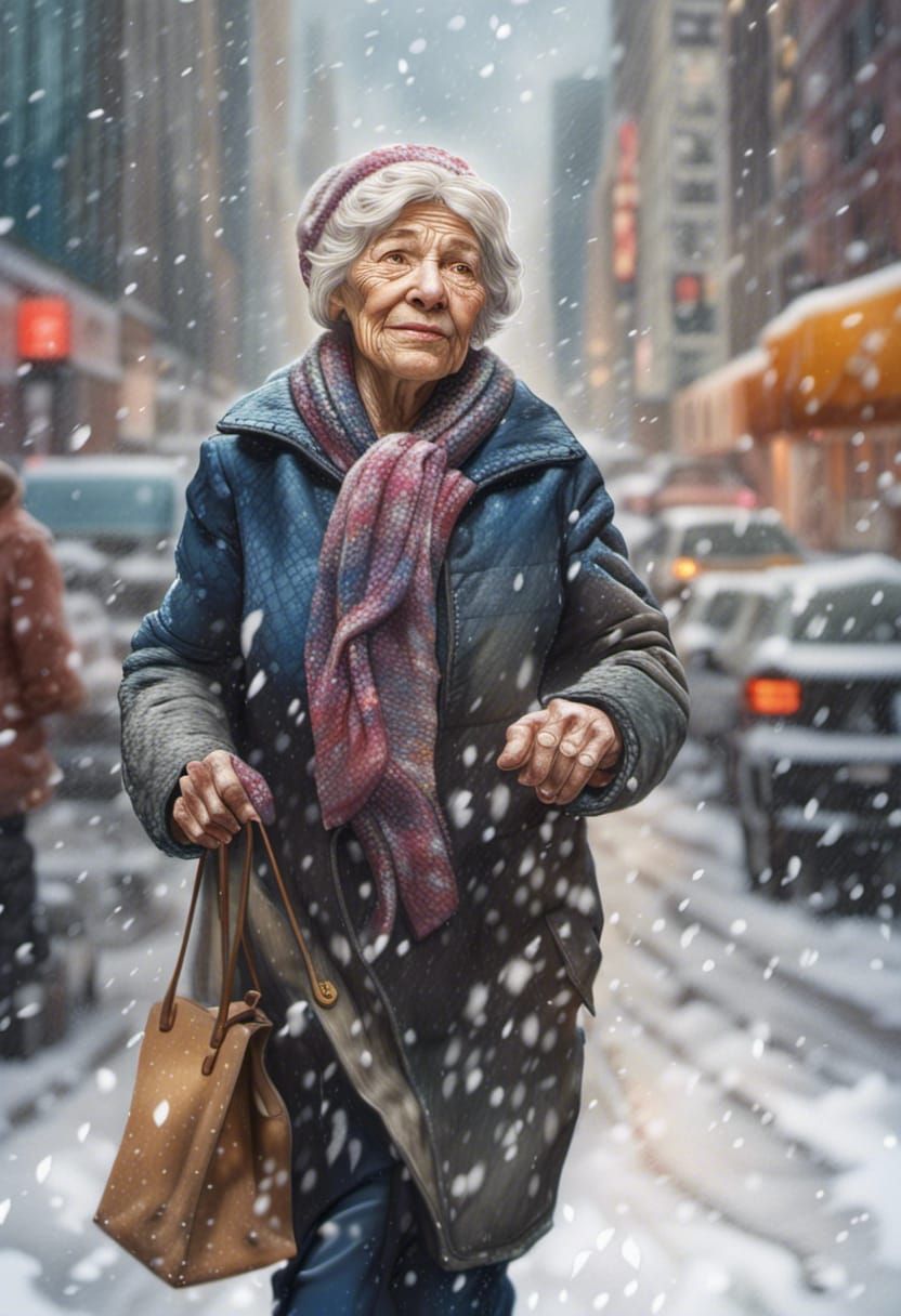 Portrait of an Aged woman caught in a New York City snowstor...