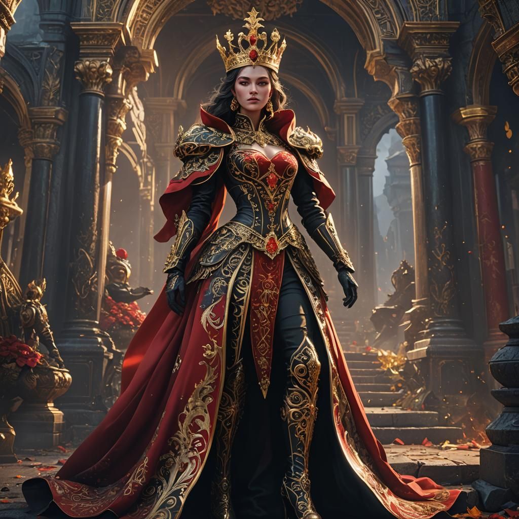 A red majestic dress with black full sleeves and gold design...