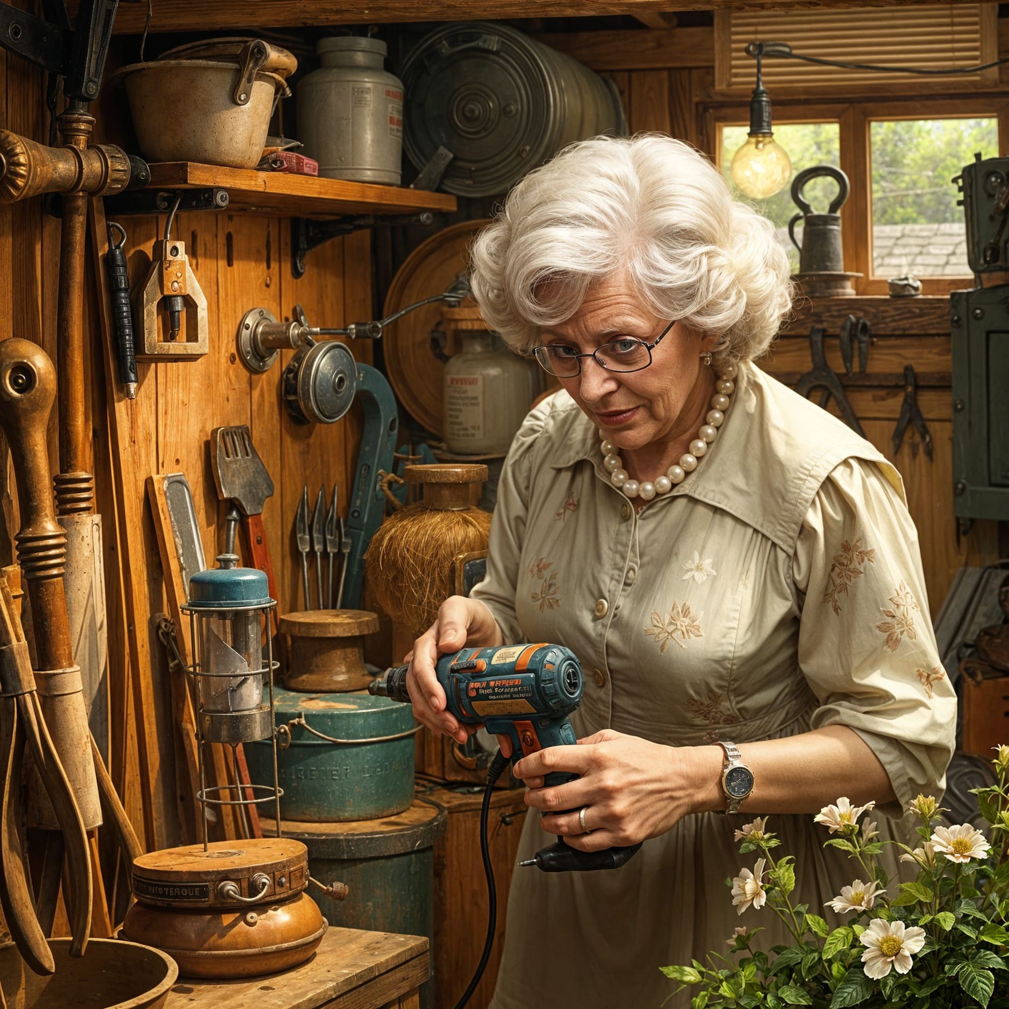 Barbara Cartland looks for an electric drill in her toolshed.