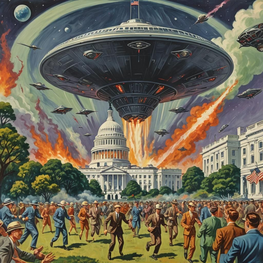 1930's style pulp magazine cover art of an Alien spaceships and Alien Beings  landing on Earth and taking ...  by @POP WIZARD