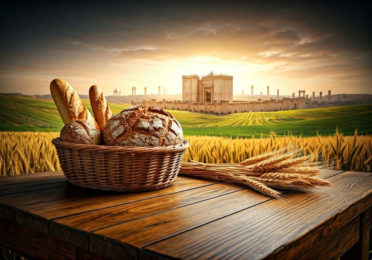 Antique Table with Bread and Wheat in Dreamlike Temple Setti...