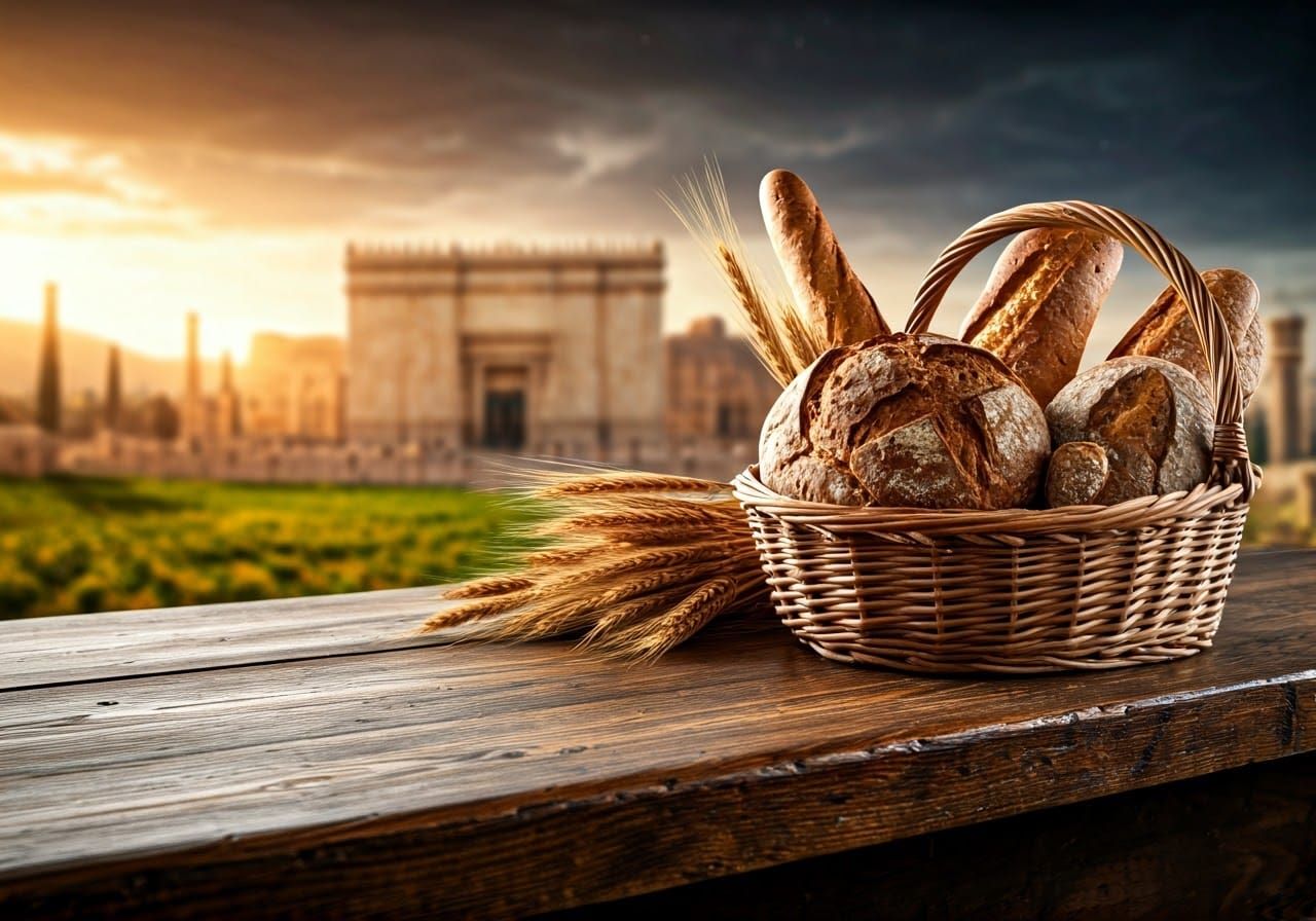 Elegant Antique Table with Sacred Loaves and Temple in the B...