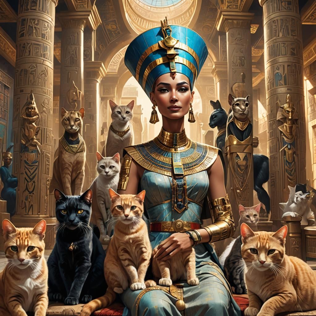 "Egyptian Queen Nefertiti petting her beautiful cats in her ...