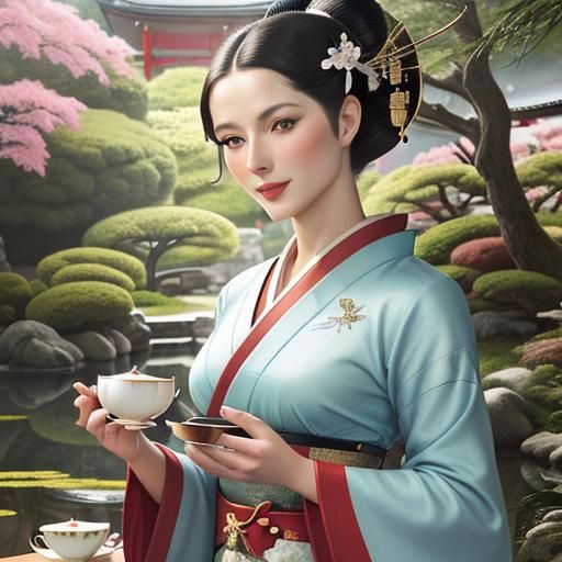 A beautiful smiling geisha having tea in a picturesque Japanese garden ...