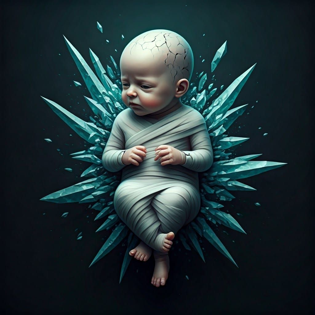 Fragile Infant Shattered in a Haunting Surrealist Scene