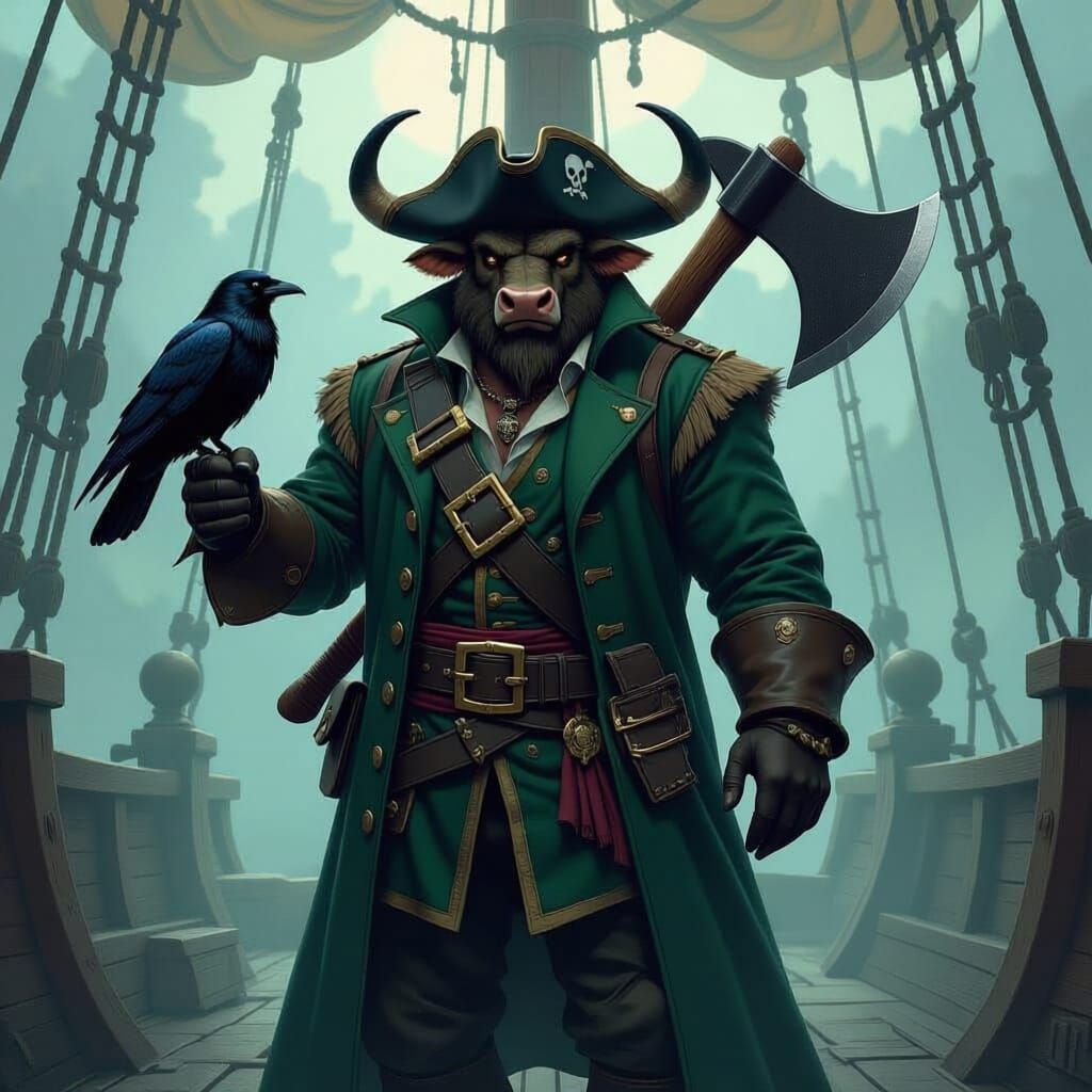 A big burly Minotaur pirate captain aboard he wears a deep green coat, has a bulls head, but wears a big black captains hat and has a raven ...
