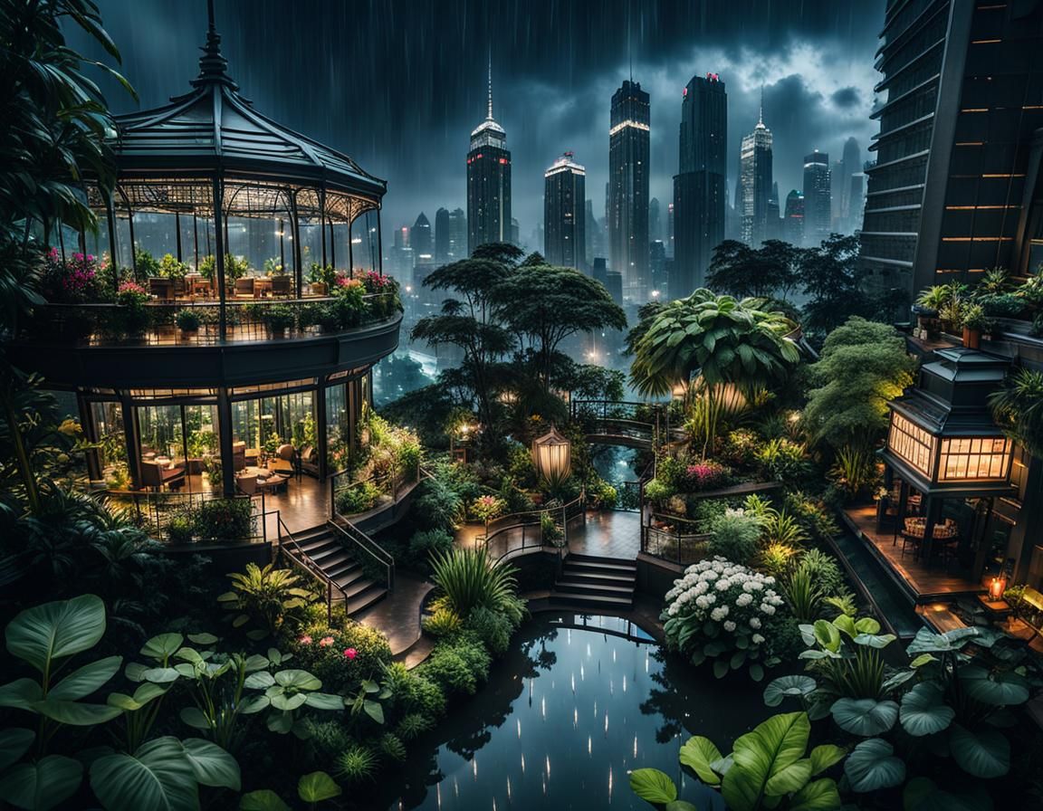 Rooftop garden rainstorm  by @Mother Stickbug