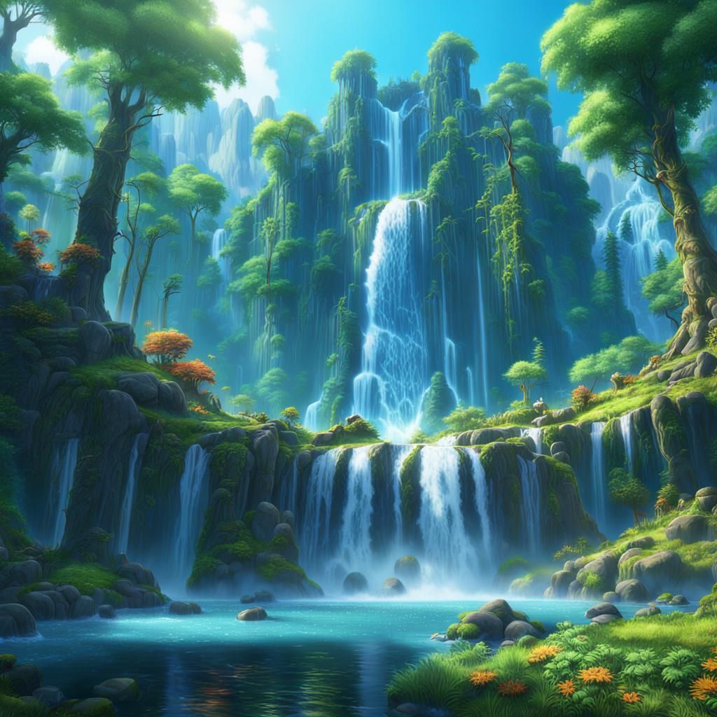 Waterfall in a Beautiful Forest - AI Generated Artwork - NightCafe Creator