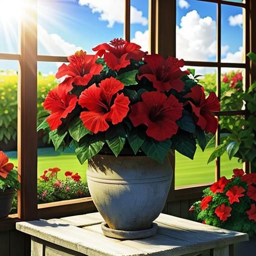 Red Hibiscus Flowers In A Garden Flower Pot ❤🌺🌿  by @AngelicMintz