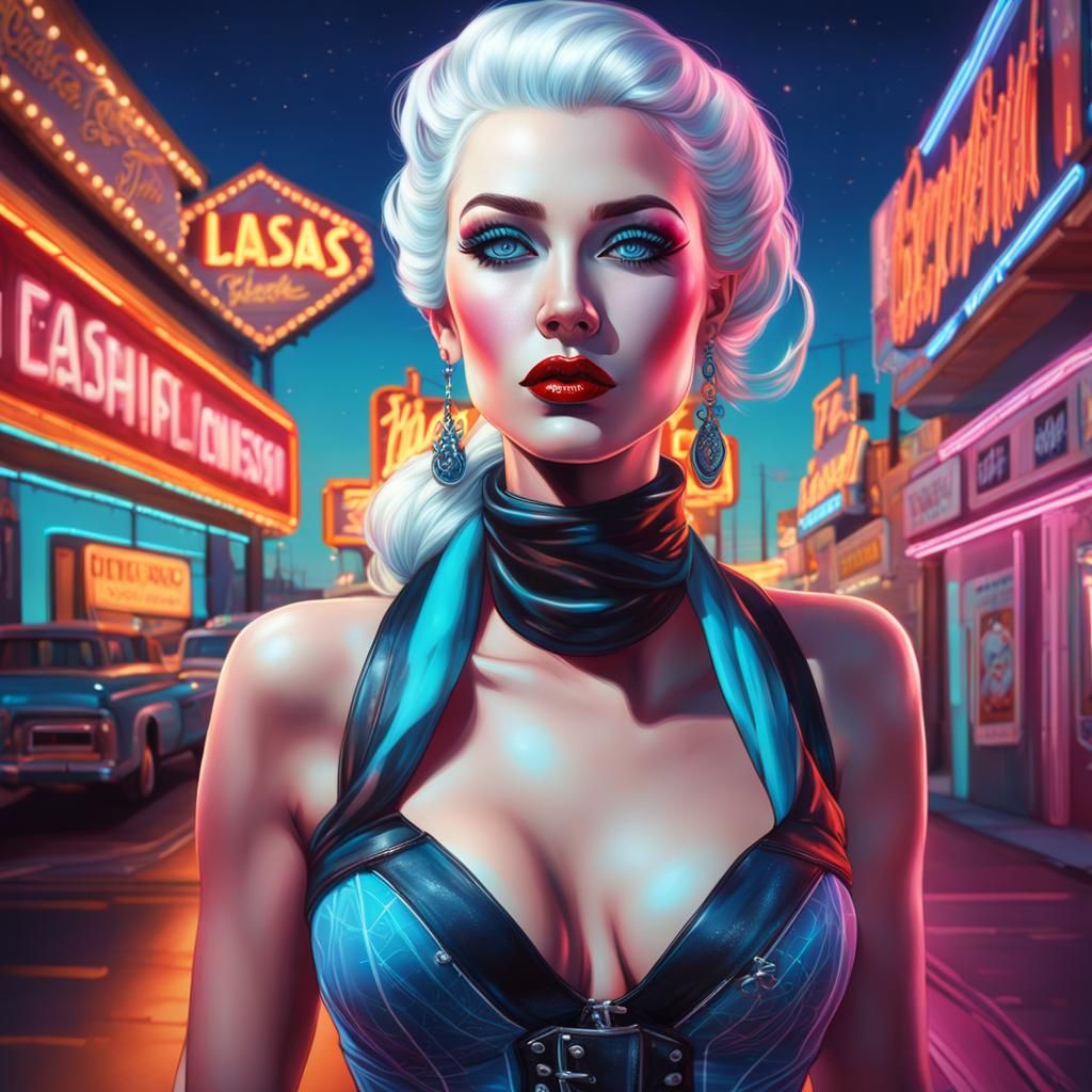 Retro futuristic vintage inspired pinup with white hair with...