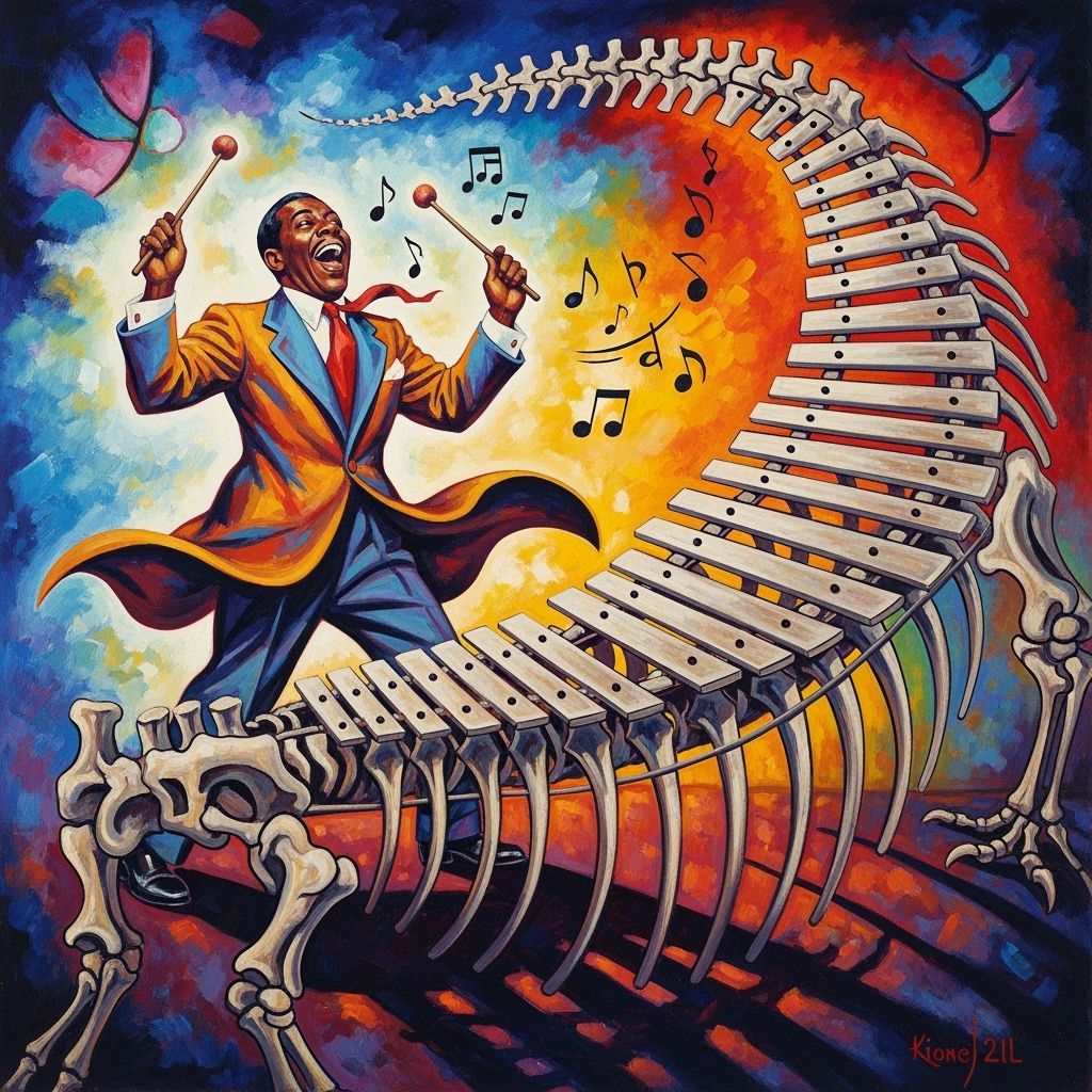 Lionel Hampton playing on a dinosaur's skeletal ribs as if they were a xylophone. - Start Image 1