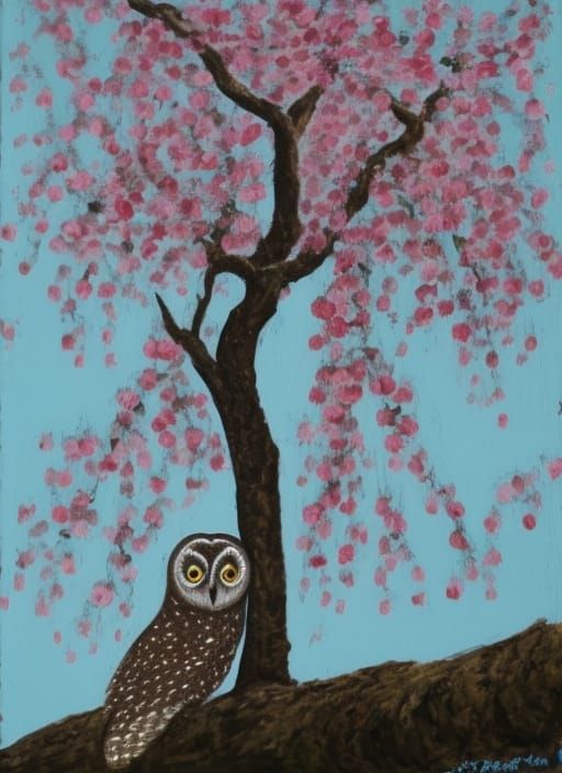 Owl on a cherry tree