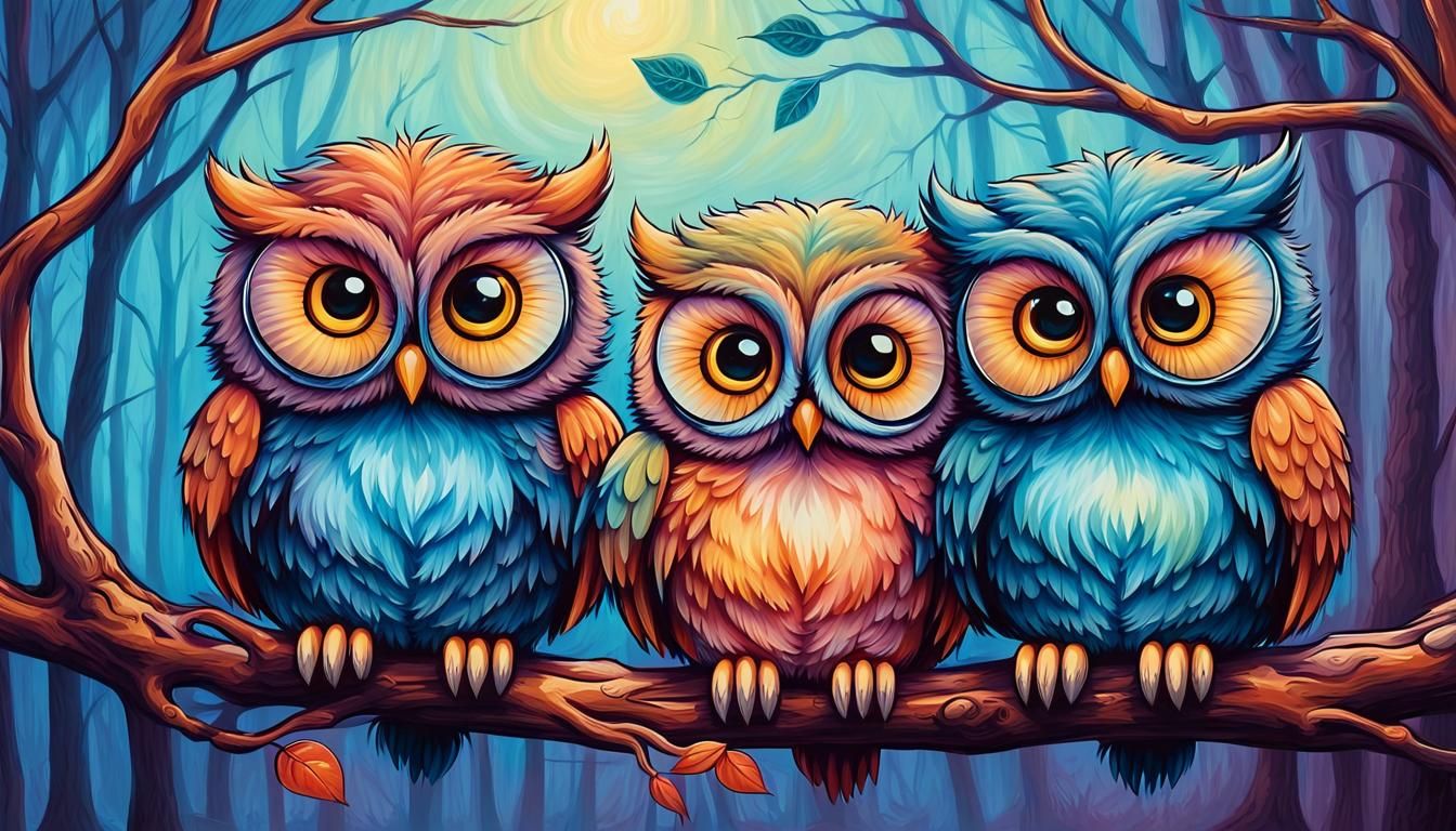 3 cute colorful fluffy owls sitting on a branch.
