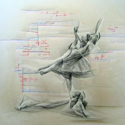Modern pencil sketch on lined paper, ballet choreography