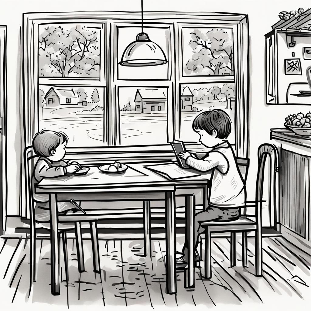 Stick figure child working on an ipad at the dining room tab...