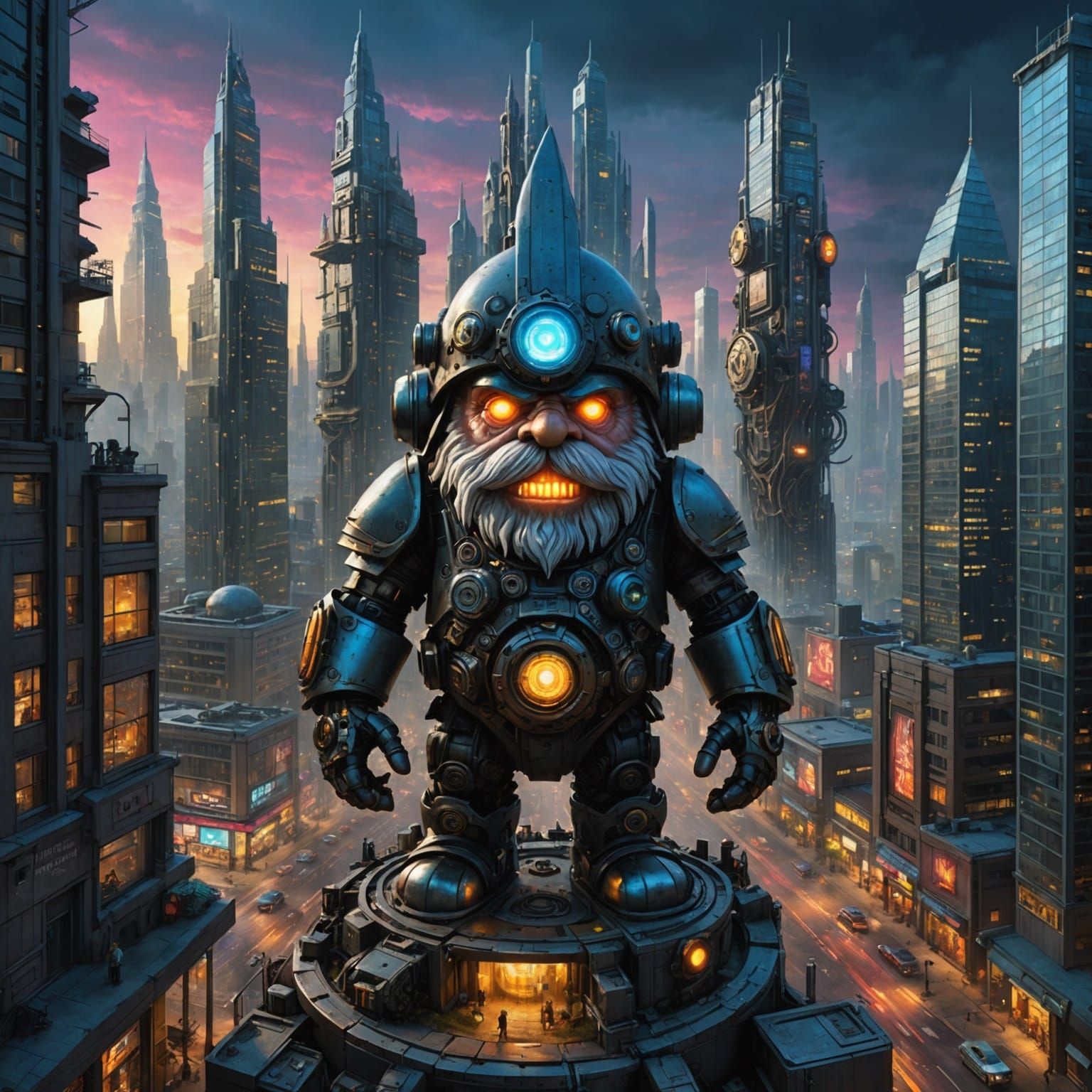 futuristic cityscape, technologically advanced gnome, towering skyscrapers, metallic body, high dynamic range, intricate gears, cybernetic l...