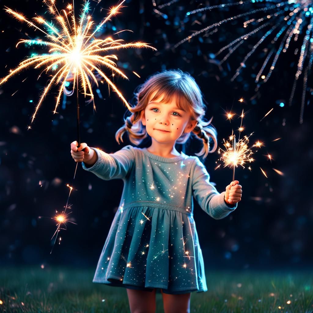Little girl holding Sparkler firework shooting sparks(3:8) Sparkling stars in sky 8k resolution holographic ...  by @ForeverBlu