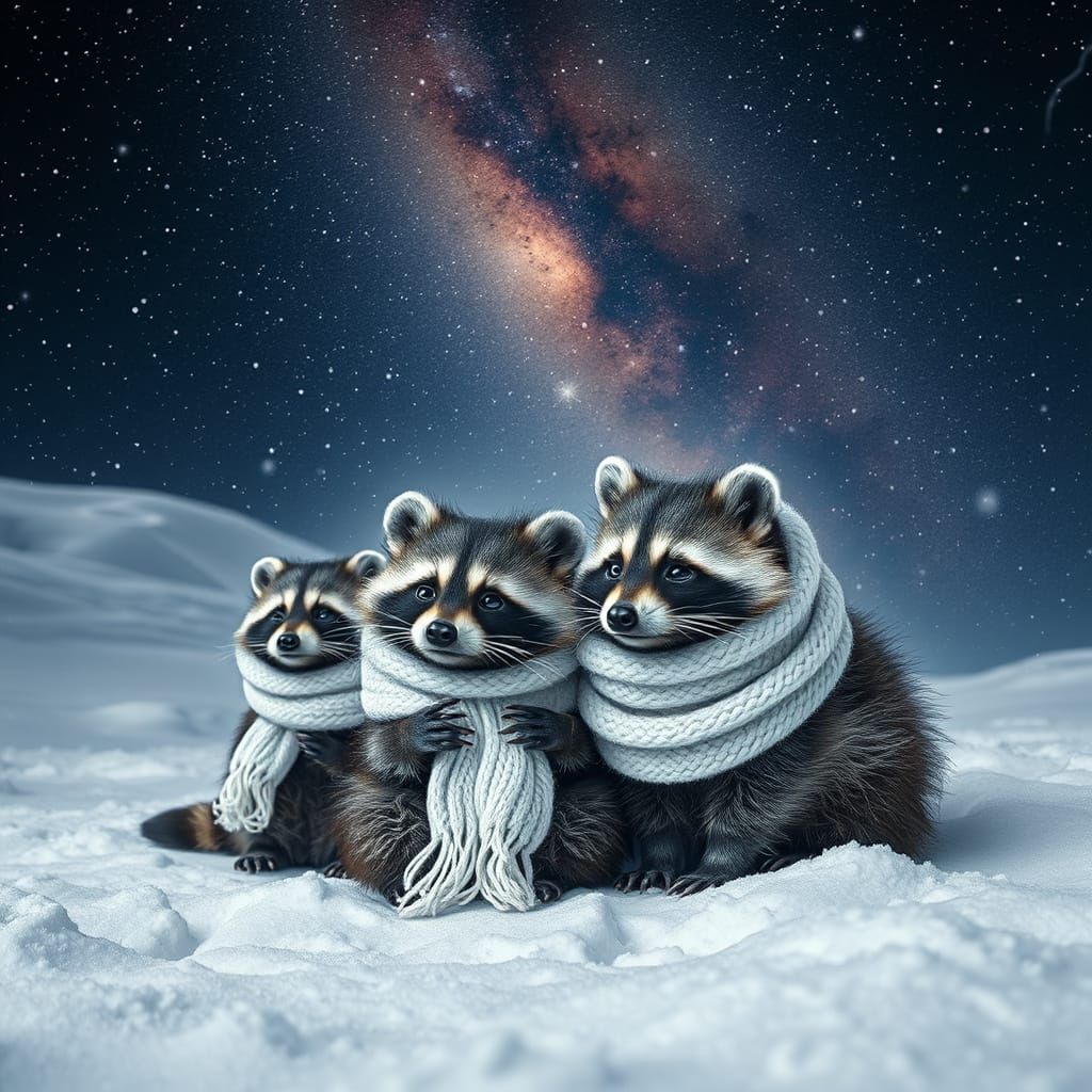 Cosmic Raccoons Wrapped in Winter's White Glow