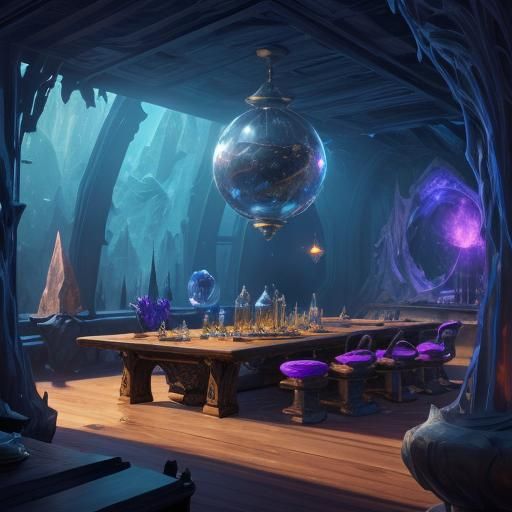 wizard lounge cabin, large table, several crystal balls, flo...