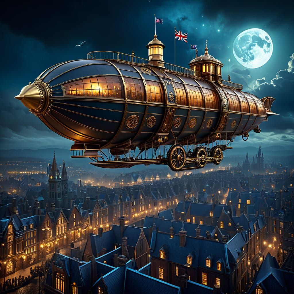A steampunk airship soaring through a cloudy sky