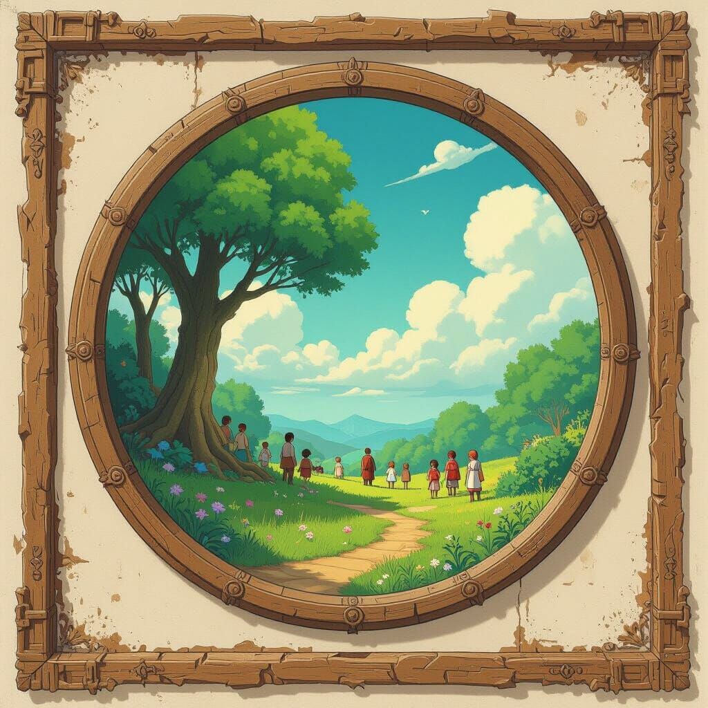 Earth-Toned World in Wooden Frame, Miyazaki Style