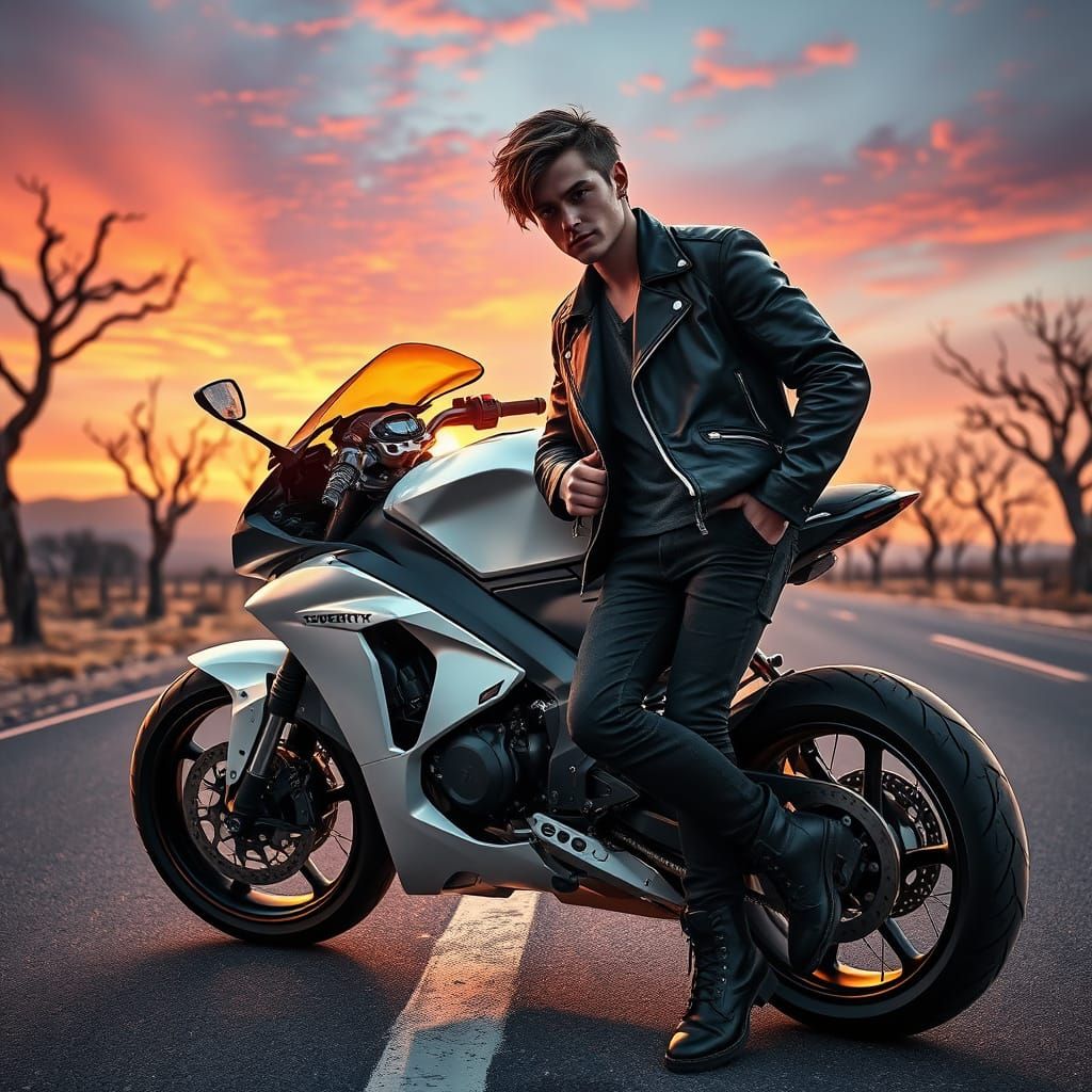 Sleek Biker Leans Against Futuristic Motorcycle at Sunset