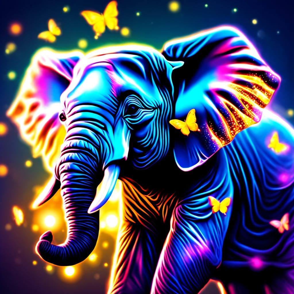 .A whimsical baby elephant with ears painted like butterfly wi gs , seated on a mirror-like surface that reflects its radiant form. Its skin...