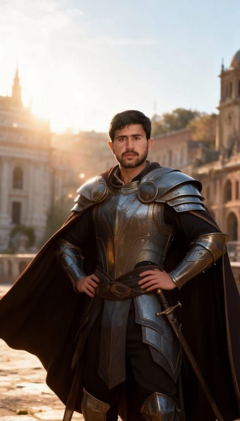 "Realistic portrait of a man with the same face as the uploaded photo, transformed into a charming hero, wearing a stylish fantasy outfit, e...