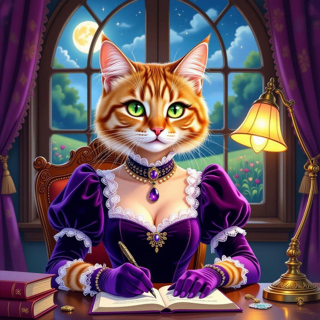 Change the color of the cat to a gray and black tabby cat with gray skin. Make the dress color of vibrant blue with black lace details